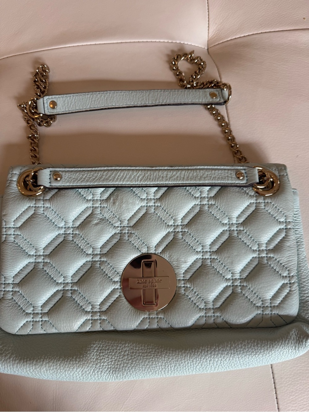 kate spade quilted light blue leather crossbody with gold chain